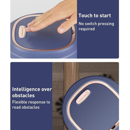Blue robotic vacuum cleaner with text on touch functionality and obstacle avoidance.
