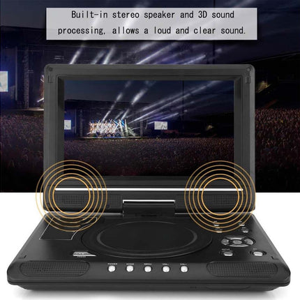 Portable DVD player with speakers and text about stereo speaker and 3D sound processing.