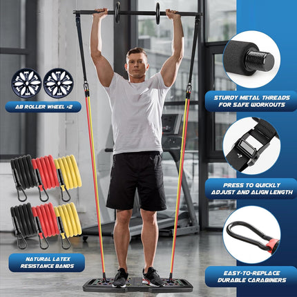 Man using a pull-up bar with resistance bands in a gym setting, featuring product features on the right.