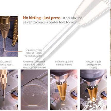 A brass center drill bit set with instructional diagrams and photos showing how to use the drill press. The right side features a large close-up of the brass center drill bit, while the left and bottom sides show step-by-step usage images with text overlays explaining the process.