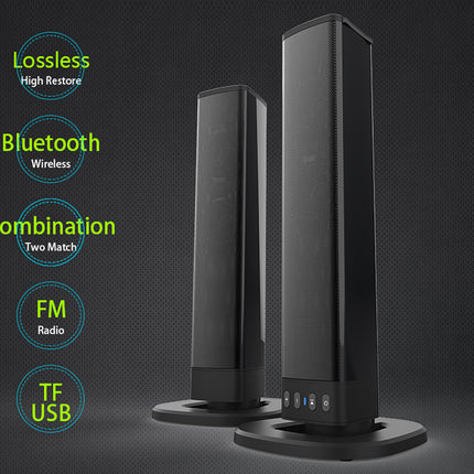 Black speakers with feature text on a dark background