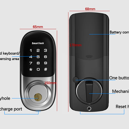 Smart lock with labeled features and dimensions on a gray background