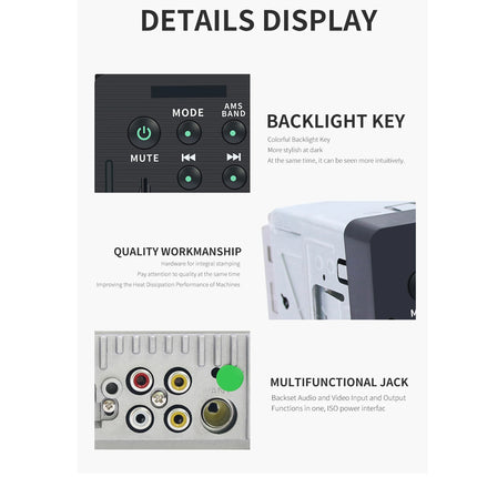 An infographic-style product detail sheet showing close-up views of a black control panel with labeled buttons, a white-and-black device body, a rear jack layout with colored audio/video connectors, and text labels including BACKLIGHT KEY, QUALITY WORKMANSHIP, and MULTIFUNCTIONAL JACK.
