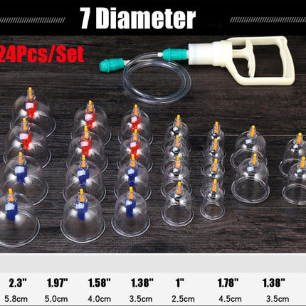 Set of 24 cupping therapy cups with a pump on a wooden surface, labeled '7 Diameter' and '24Pcs/Set'.