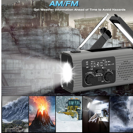 A portable AM/FM emergency radio with a built-in LED light, shown in a promotional composite with weather-themed background imagery and small inset scenes of natural disasters and outdoor use.