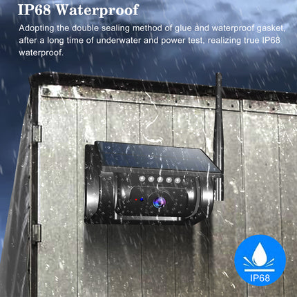 Outdoor security camera with IP68 waterproof rating on a wooden wall background