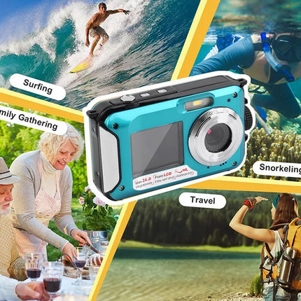 Digital camera with scenes of surfing, family gathering, and snorkeling on a yellow border.