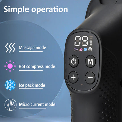Close-up of a black handheld massage device with a digital display and control buttons, shown next to feature callouts reading 'Simple operation' including massage mode, hot compress mode, ice pack mode, and micro current mode.