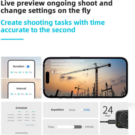 Phone screen showing camera app with construction cranes and sunset, alongside interface elements for shooting tasks.
