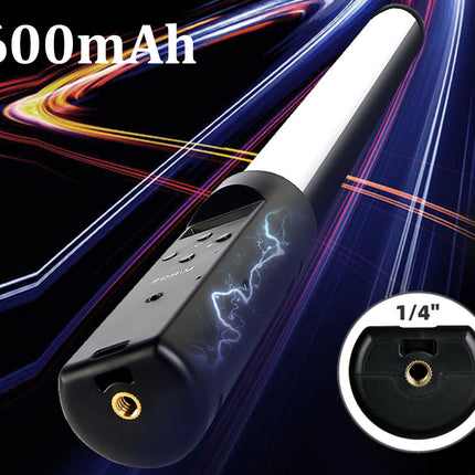 A 2600mAh black cylindrical LED light bar with a white illuminated tube, shown diagonally on a dark background with colorful light trails. An inset circle in the bottom right shows the 1/4-inch connector, and '2600mAh' is written in white text in the top left.