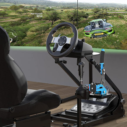 Racing simulator setup with steering wheel and pedals on a desk
