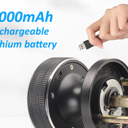 Hand plugging a USB cable into a rechargeable lithium battery with text '1000mAh rechargeable lithium battery'.