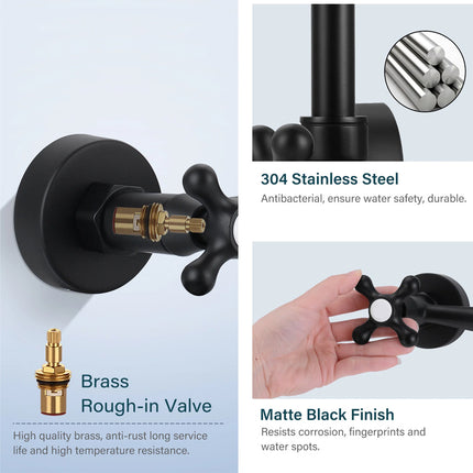 Black valve handle with brass rough-in valve and 304 stainless steel features on a light blue background.
