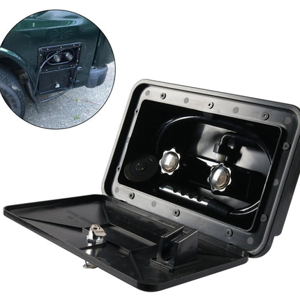 Black plastic vehicle utility storage box with hinged lid, shown open on a white background with a circular inset photo demonstrating the box mounted on a green vehicle.