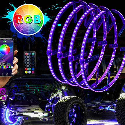 LED wheel lights with RGB color display, smartphone app, and remote control on a vehicle.