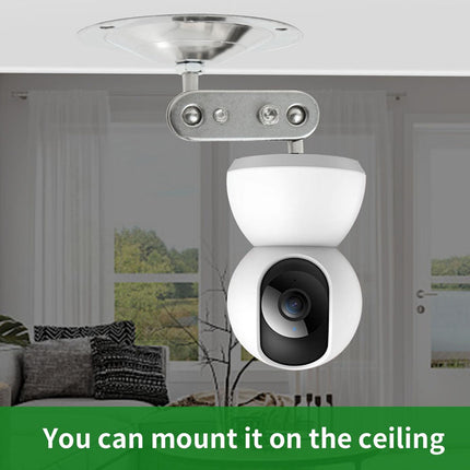White security camera with mounting bracket on a ceiling, with text 'You can mount it on the ceiling'.