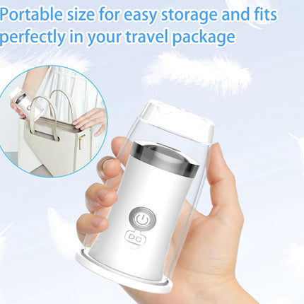 A hand holding a small white portable electric grinder with a clear outer sleeve, shown against a light blue background with text reading 'Portable size for easy storage and fits perfectly in your travel package' and a circular inset demonstrating it fitting into a handbag.