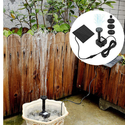 Solar water fountain system with pump and solar panel in outdoor setting