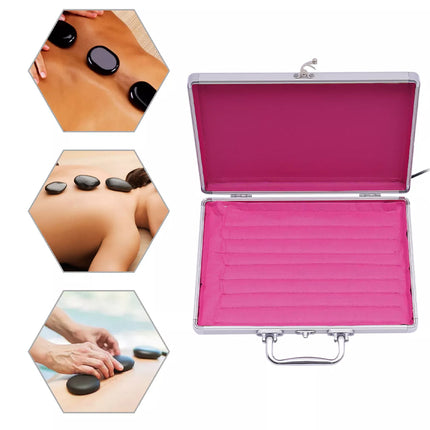 Pink case with hexagonal images of people using stones on skin