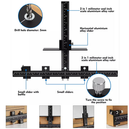 A technical product diagram of a drill hole diameter ruler and slide caliper tool, with labeled parts, measurement callouts, and four small inset photos showing close-up views and installation details on a white background.