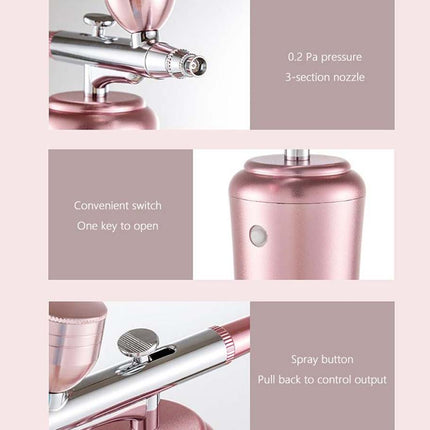 A product feature infographic for a metallic rose gold airbrush pen, showing three panels with close-ups of the pen's nozzle, body, and spray mechanism, accompanied by descriptive text on pink and white backgrounds.