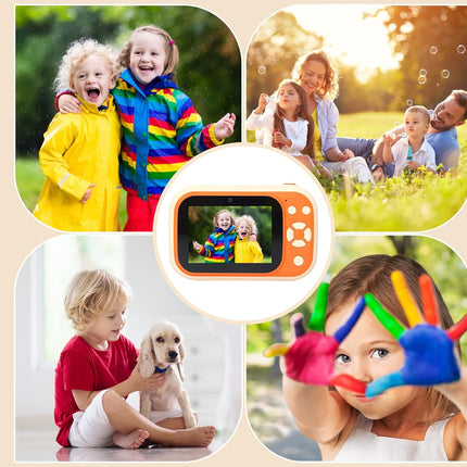 An orange handheld digital camera shown in the center of a collage, surrounded by four lifestyle photos of children outdoors and indoors, likely demonstrating photo-sharing or camera use.
