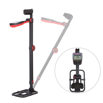 Metal detector with stand and close-up of digital display on a white background