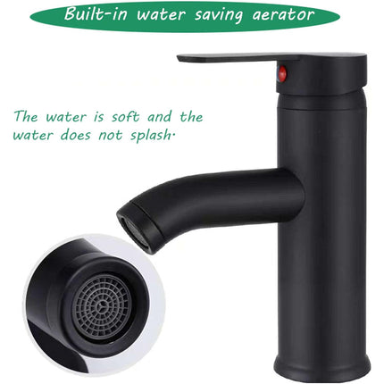 Black faucet with water saving aerator feature on a white background