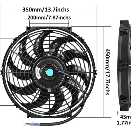 Dimensions of a black automotive fan with measurements in millimeters and inches.