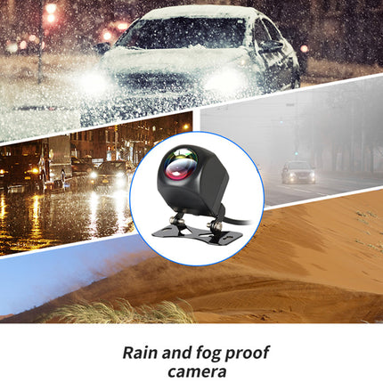 Collage of a car with snow on the windshield, rain and fog conditions, and a rain and fog proof camera inset.