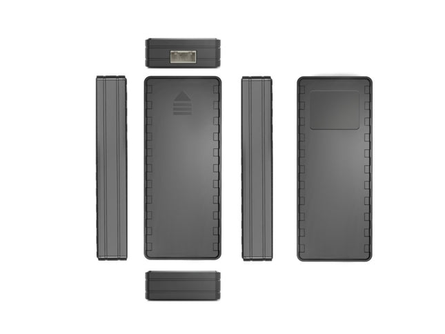 Set of black rectangular battery packs on a white background