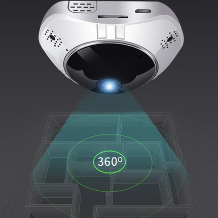 A white dome-shaped projector shown from above, projecting a blue light beam downward over a floor plan with green 360-degree ring graphics on a dark gray background.