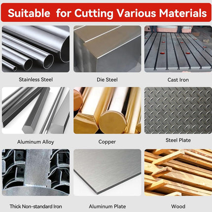 Product suitability for cutting various materials including stainless steel, die steel, cast iron, aluminum alloy, copper, steel plate, thick non-standard iron, aluminum plate, and wood.
