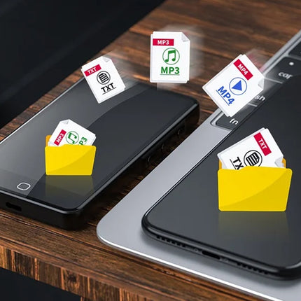 Two smartphones with file icons representing different file types on a wooden surface.