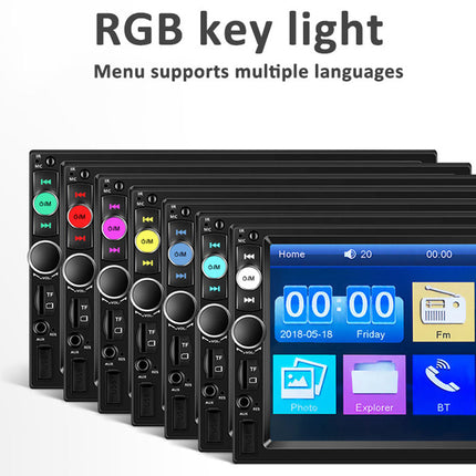 Row of remote controls with a digital display showing interface on a white background, labeled 'RGB key light'.