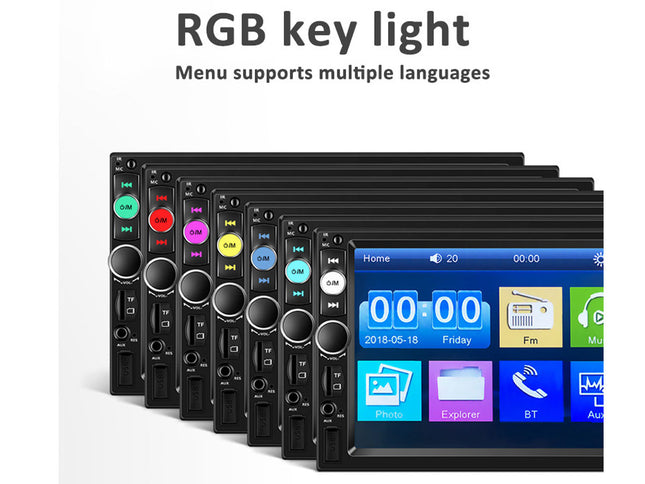 Row of remote controls with a digital display showing interface on a white background, labeled 'RGB key light'.