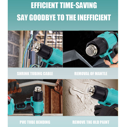 Teal power tool with text about time-saving and efficient use on a white background