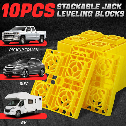 Ten yellow stackable jack leveling blocks shown on a dark textured background, with text reading '10PCS STACKABLE JACK LEVELING BLOCKS' and small vehicle examples labeled pickup truck, SUV, and RV.