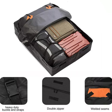 Black travel bag with compartments, showing details like a heavy-duty buckle, double zipper, and welded seams.