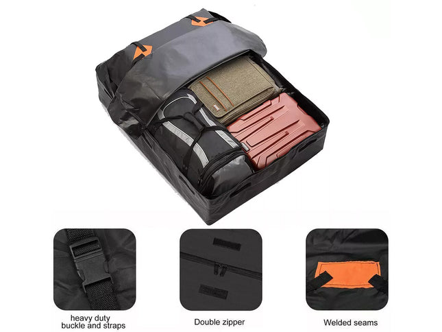 Black travel bag with compartments, showing details like a heavy-duty buckle, double zipper, and welded seams.