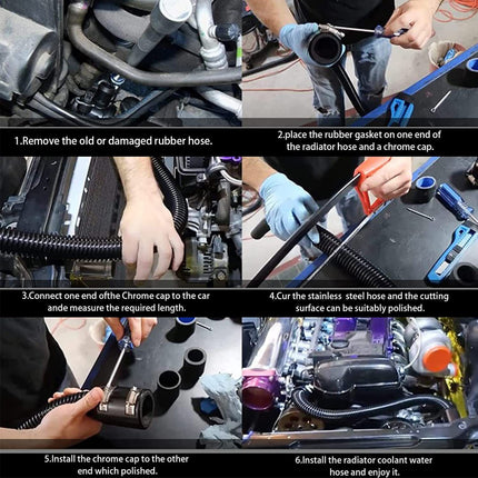 Step-by-step guide on installing a radiator coolant water hose with close-up shots of hands and tools.