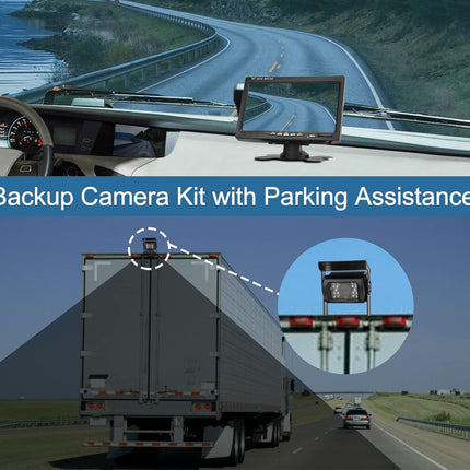 Backup camera kit with parking assistance system on a truck, showing road and traffic.