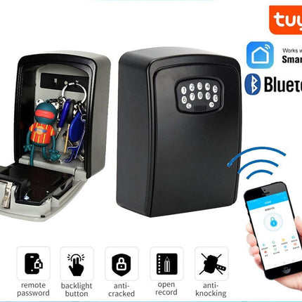 Key safe with Bluetooth connectivity, smartphone app, and various features displayed.