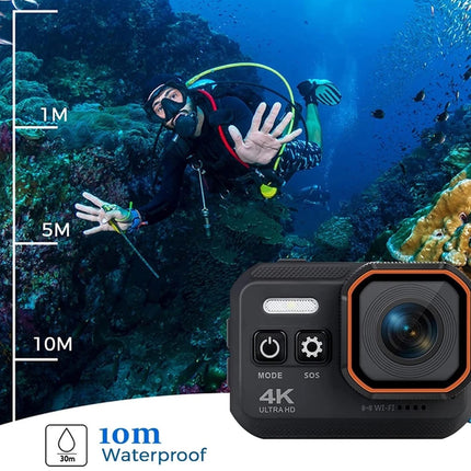 Diver underwater with a 4K action camera displaying water depth scale.