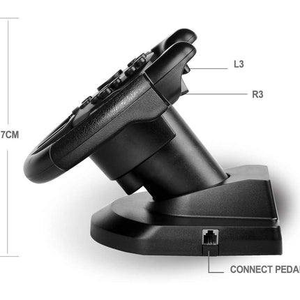 Black racing wheel and base dock shown on a white background with dimension labels indicating 17CM height and callouts L3 and R3.