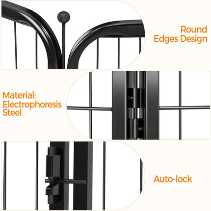 Close-up feature highlights of a black metal gate or fence panel, showing rounded edges, electrophoresis steel construction, and an auto-lock latch mechanism with orange text labels on a white background.