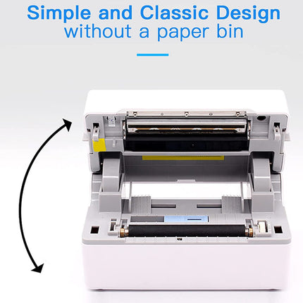 Printer with text 'Simple and Classic Design without a paper bin' on a white background