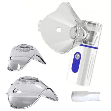 Nebulizer components including mask, mouthpiece, and canister on a white background