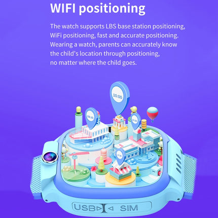 A light blue children's toy-style USB SIM device with a 3D cityscape model inside, shown on a purple background with text describing WiFi positioning features.