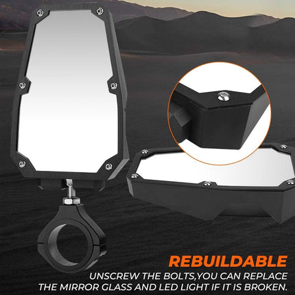 Motorcycle mirror with rebuildable feature and close-up of internal components against a desert landscape.